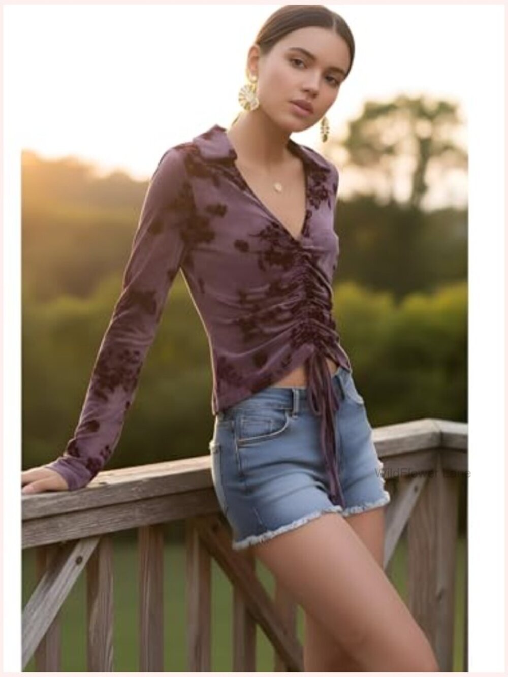 Boho Printed Crop Top Ruched Long Sleeve V Neck Blouse - Picture 2 of 7